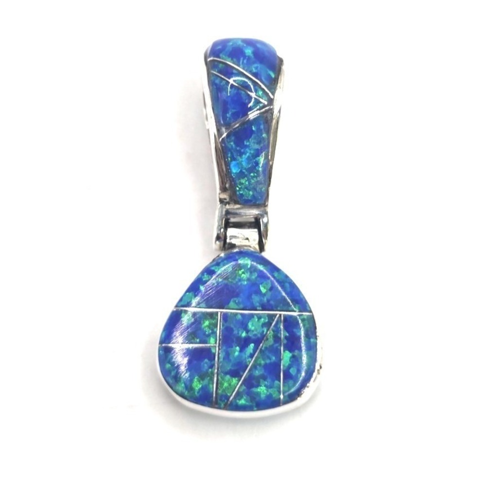 Blue Opal Jasper Onyx Pendant 0.75" Pear Shape Reversible Handmade Sterling
